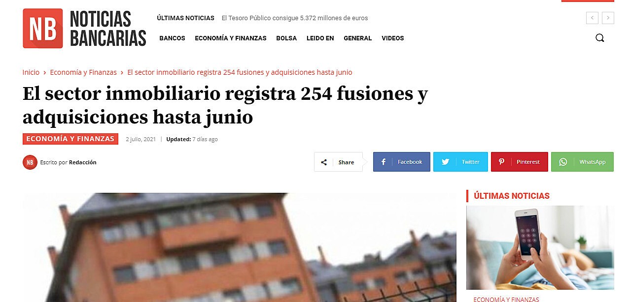 El sector inmobiliario registra 254 fusiones y adquisiciones hasta junio